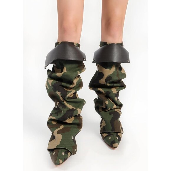 Women's Camouflage Suede Detachable Snap-off Panel Fold Over Fall Shark Boots - Picture 2 of 8